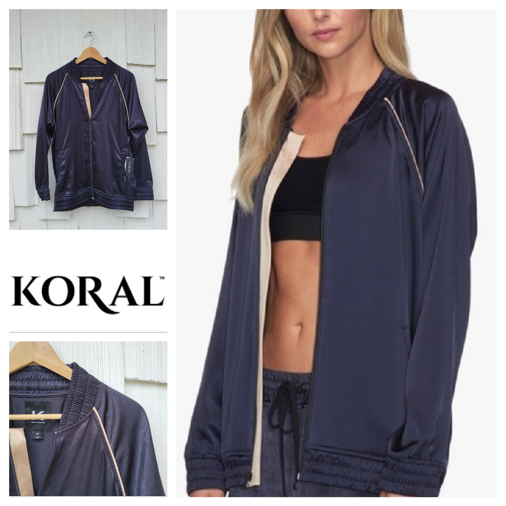 Koral Womens XS‎ Navy Satin Bomber Jacket Zip Up Athletic Track Style